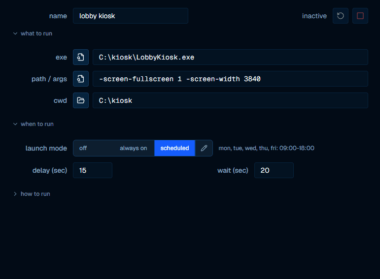 the process settings panel with the launch mode set to scheduled