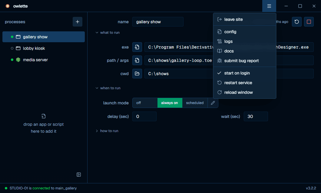 the owlette desktop app's menu, open, on a machine that belongs to a site