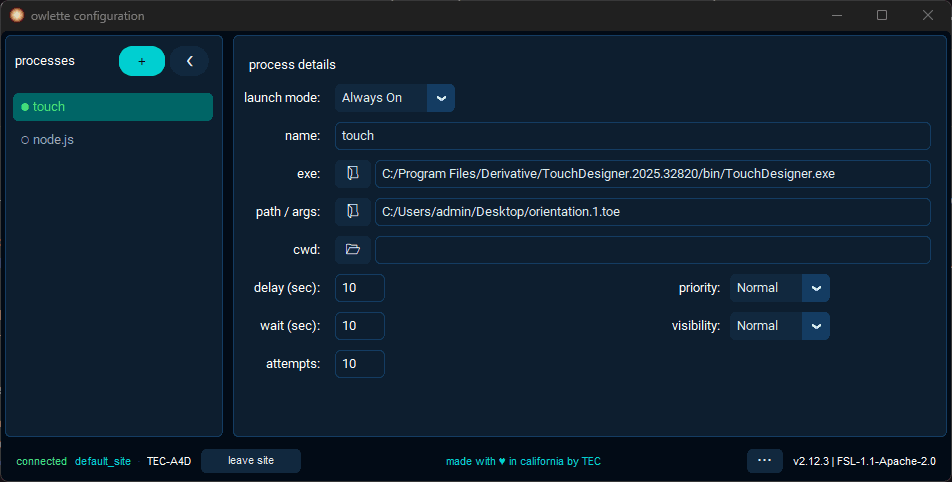 the owlette configuration gui — process list and per-process details